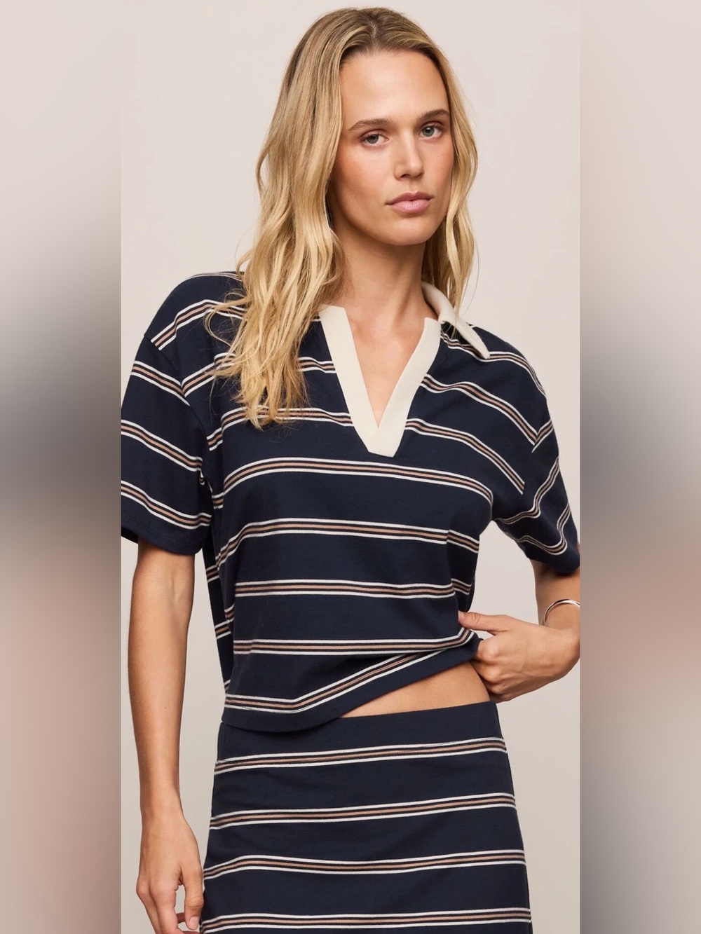 NWT Z Supply Archer Polo Navy Stripe V-Notch with Cream Accents size large
